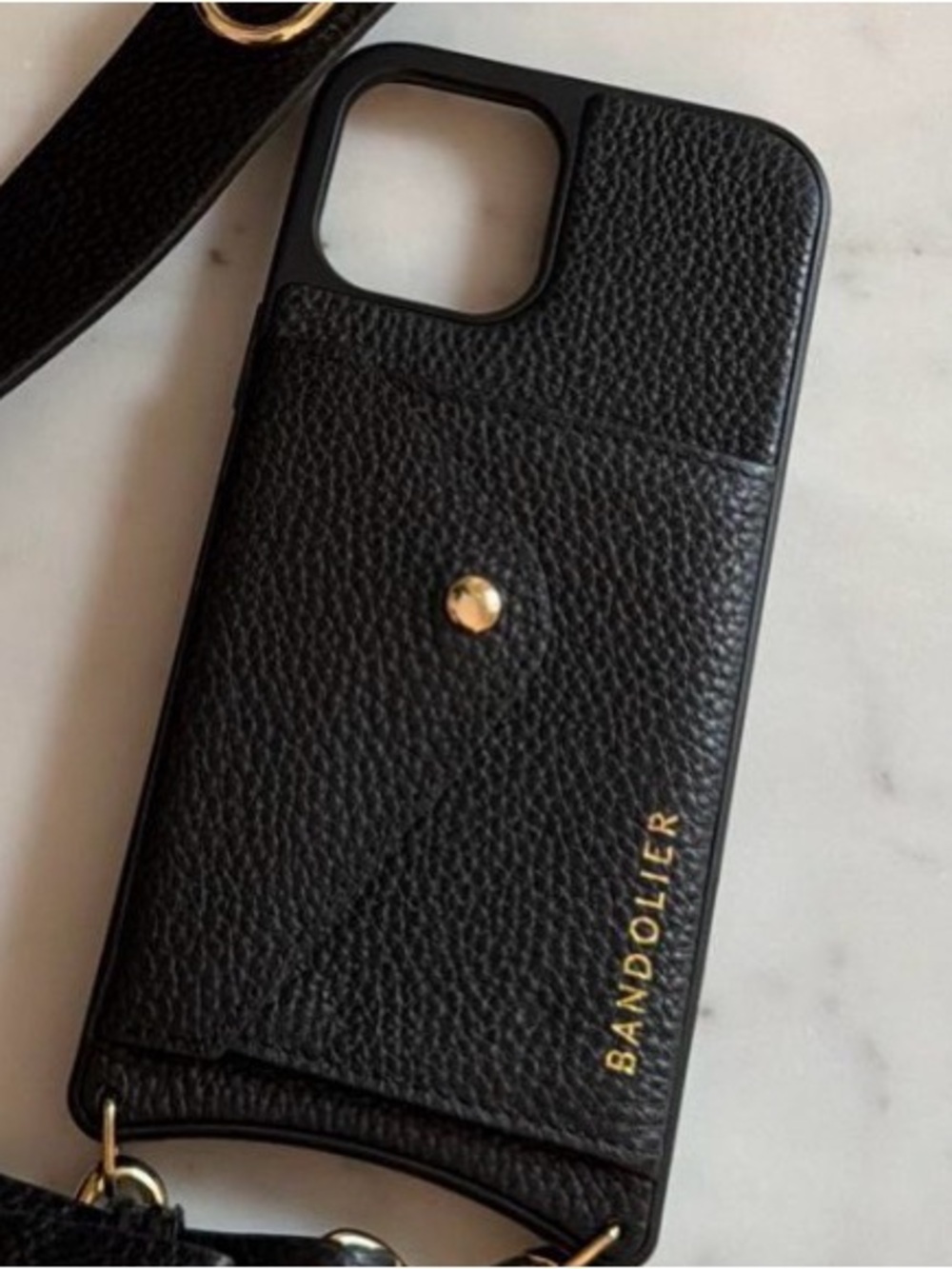 Bandolier Black Leather Phone Case with Gold Accent and Card Pocket